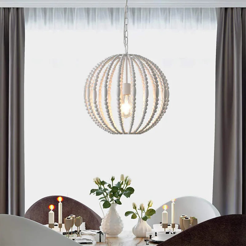 lustre vintage en perles de bois style américain loft campagne - vue 3 sur 6