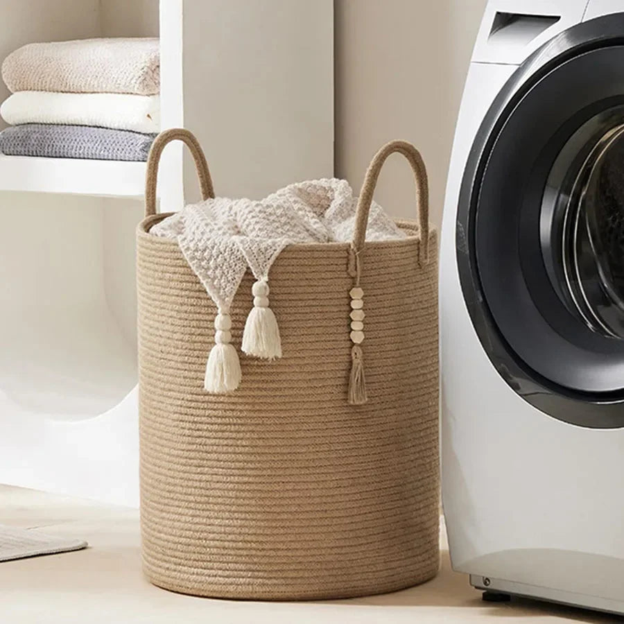 grand panier de rangement tissé avec poignées en coton pliable - vue 4 sur 9