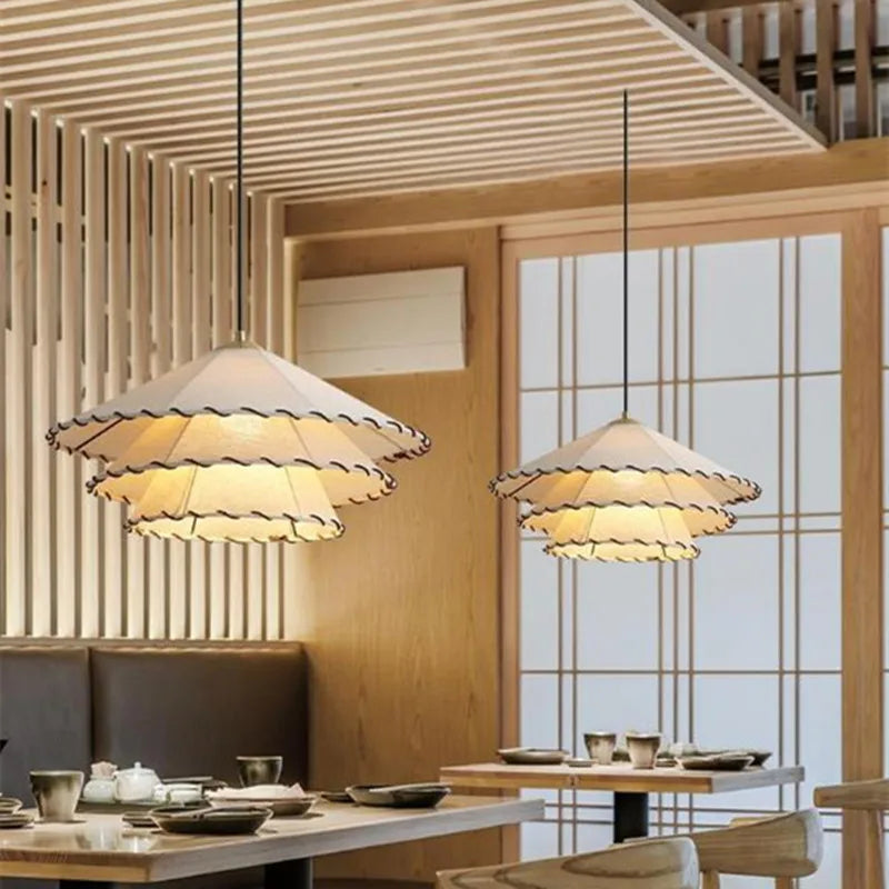 suspension Tissu nordique LED lumière Wabi Sabi pour salon décoration de la maison chambre créative coton lin chapeau - vue 3 sur 9