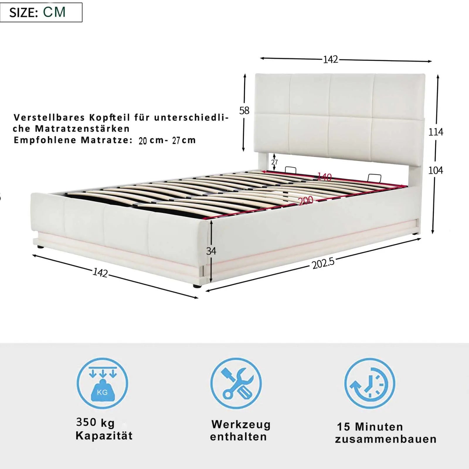 PU Leather White Upholstered Bed 140x200cm Double Bed with LED Lighting Underbed Storage Space, Bed Frame with Slatted Frame - vue 6 sur 7