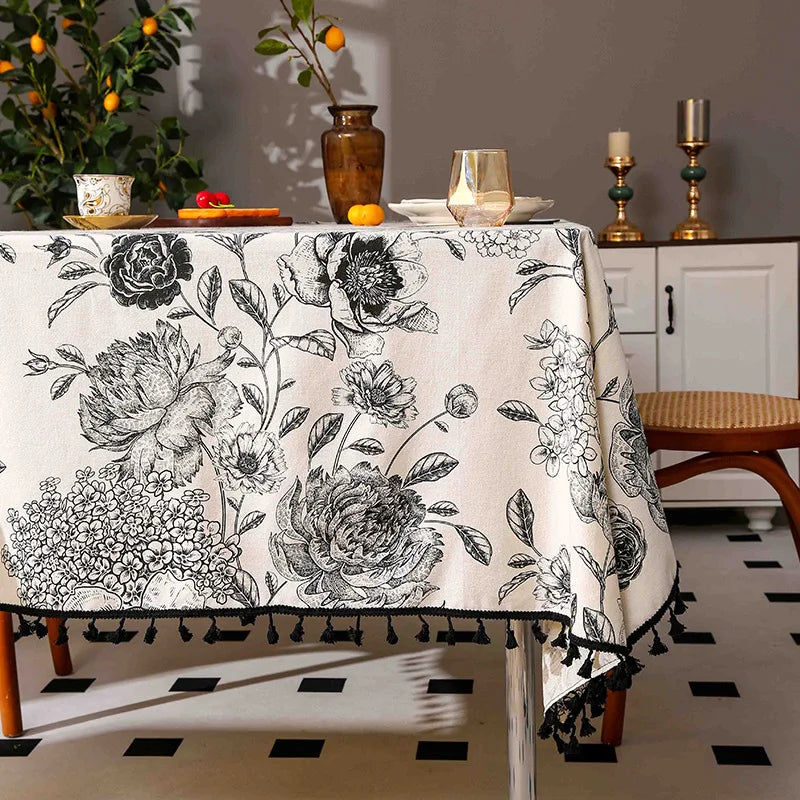 Nappe table motifs pivoines pompons style ins lavable