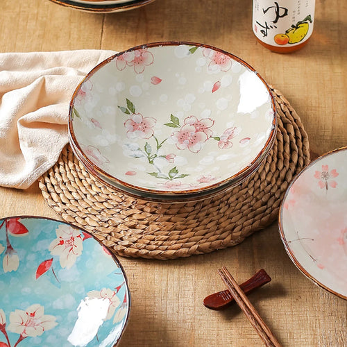 Assiettes plates profondes céramique style japonais floral 18cm