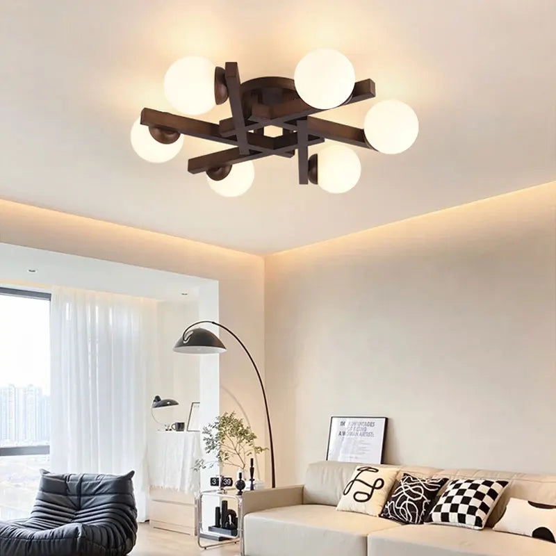 plafonnier en bois et verre laiteux design nordique pour décoration intérieure - vue 5 sur 13