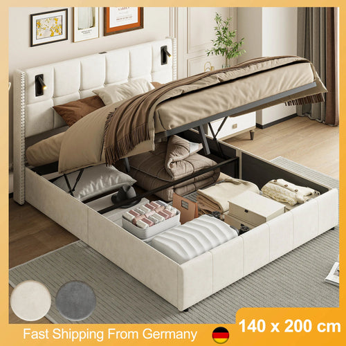 Single and Double Bed with Slatted Frame, Hydraulic Upholstered Storage Bed, Headboard with 2 Reading Light and USB Port, Velvet - vue 2 sur 8