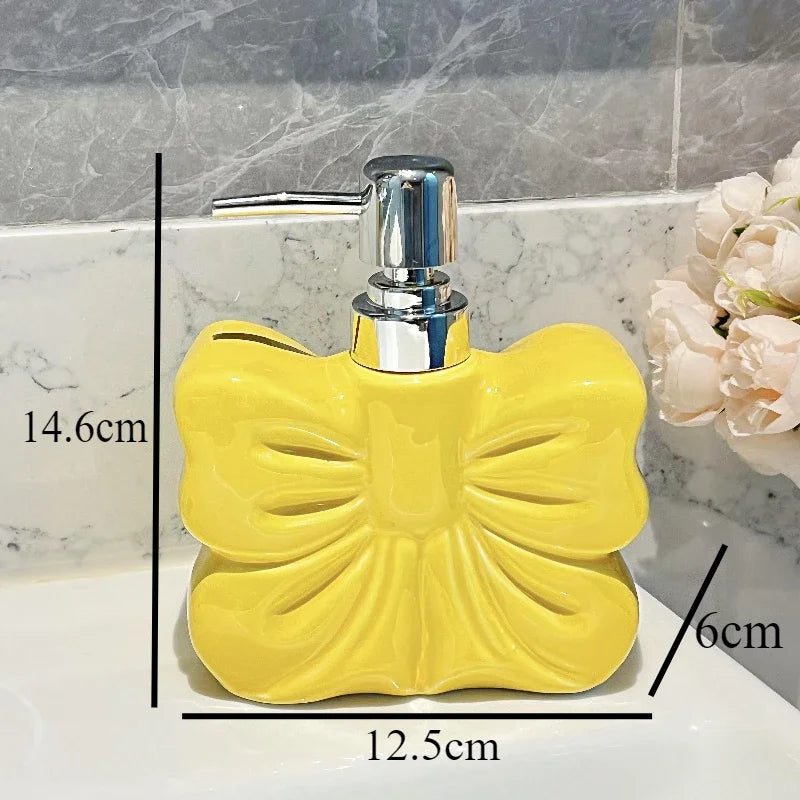 1pc, Ceramics Bowknot Lotion Press Bottle, Household Bathroom Shower Gel Bottle, Plastic Pump Head, Bathroom Liquid Dispenser