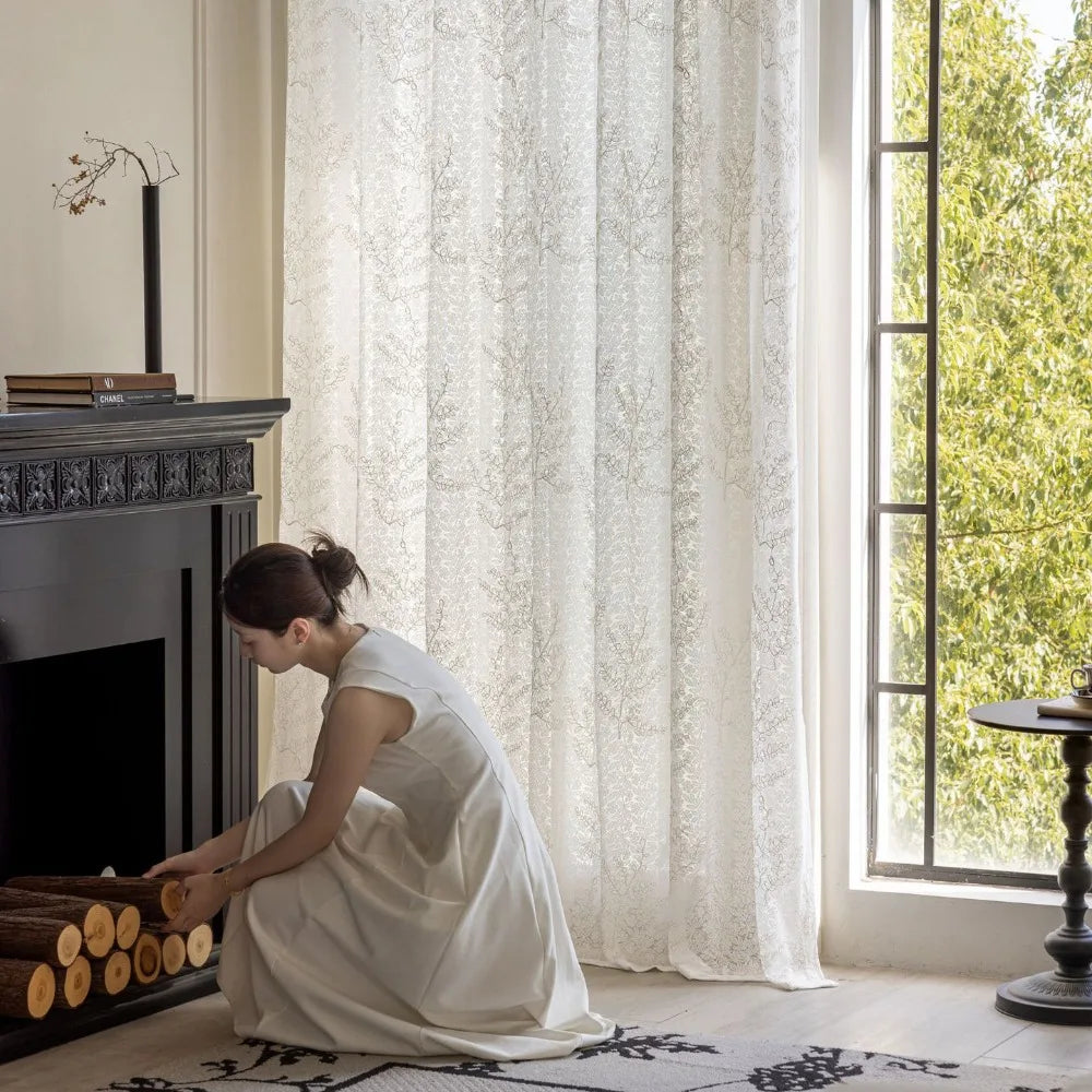 Voilage tulle brodé motifs feuilles pour salon chambre - vue 3 sur 7