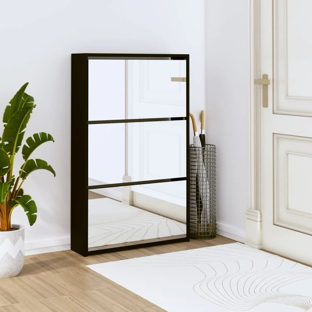 Shoe cabinet with mirror 3 levels black 63x17x102.5 cm