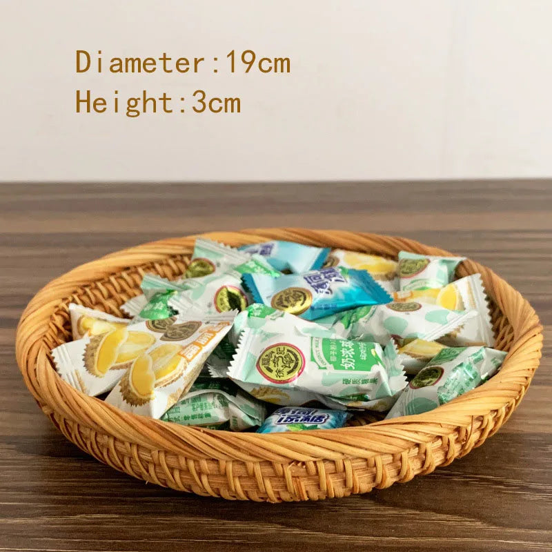 HEMU-Round Rattan Woven Basket, Wicker Fruit Basket, Bread Food, Kitchen Home Decor Organizer - vue 11 sur 12