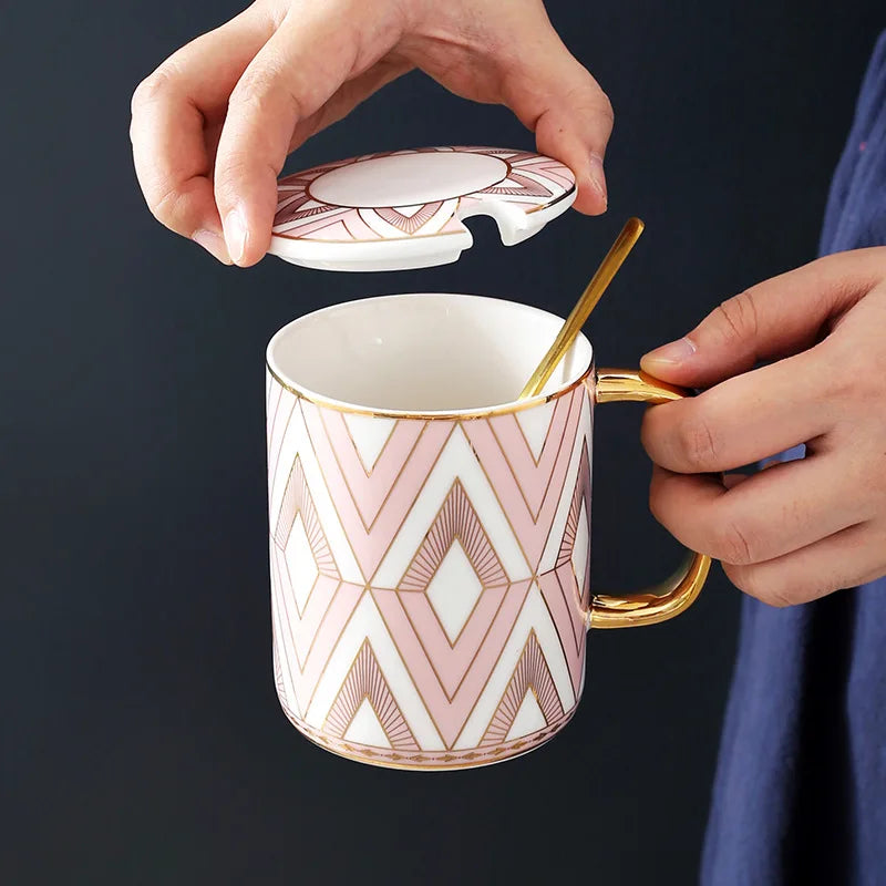 Tasse café céramique bord doré style britannique couvercle