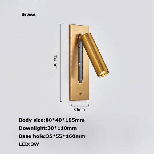 Black Brass Rectangular LED Wall Lamp Wall Sconce Wall Spotlight Reading Light with Switch and USB Port, Rotatable For Bedroom - vue 14 sur 22
