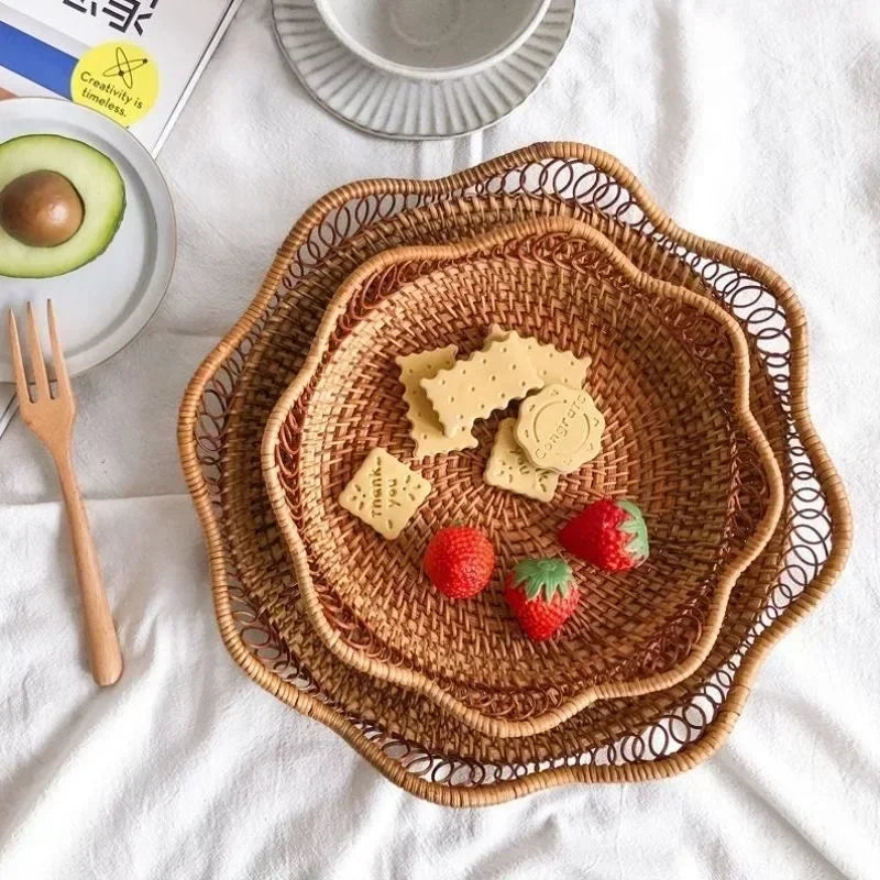 Round Rattan Woven Basket, Wicker Fruit Basket, Bread Food Kitchen Home Decor Organizer, Breadbasket For Kitchen - vue 6 sur 12