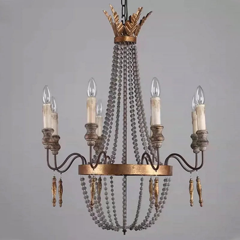 suspension rétro française en perles de bois style nordique - vue 4 sur 7