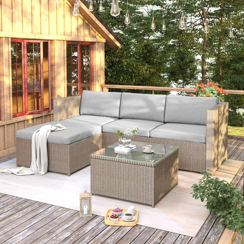 Poly rattan lounge sofa set, garden furniture, corner sofa with seat cushion and back cushion/lounge table with glass top