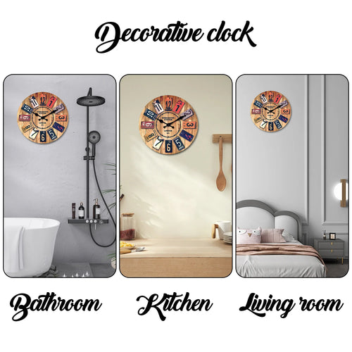 A Creative Retro Wooden Density Board Veneer Decorative Wall Clock, 1873 London Kaiston Station Element Pattern Design Wall Clock, Silent Silent Quartz Clock, Living Room Bedroom, Room Decoration, Mental Home Decoration, Birt - vue 7 sur 7