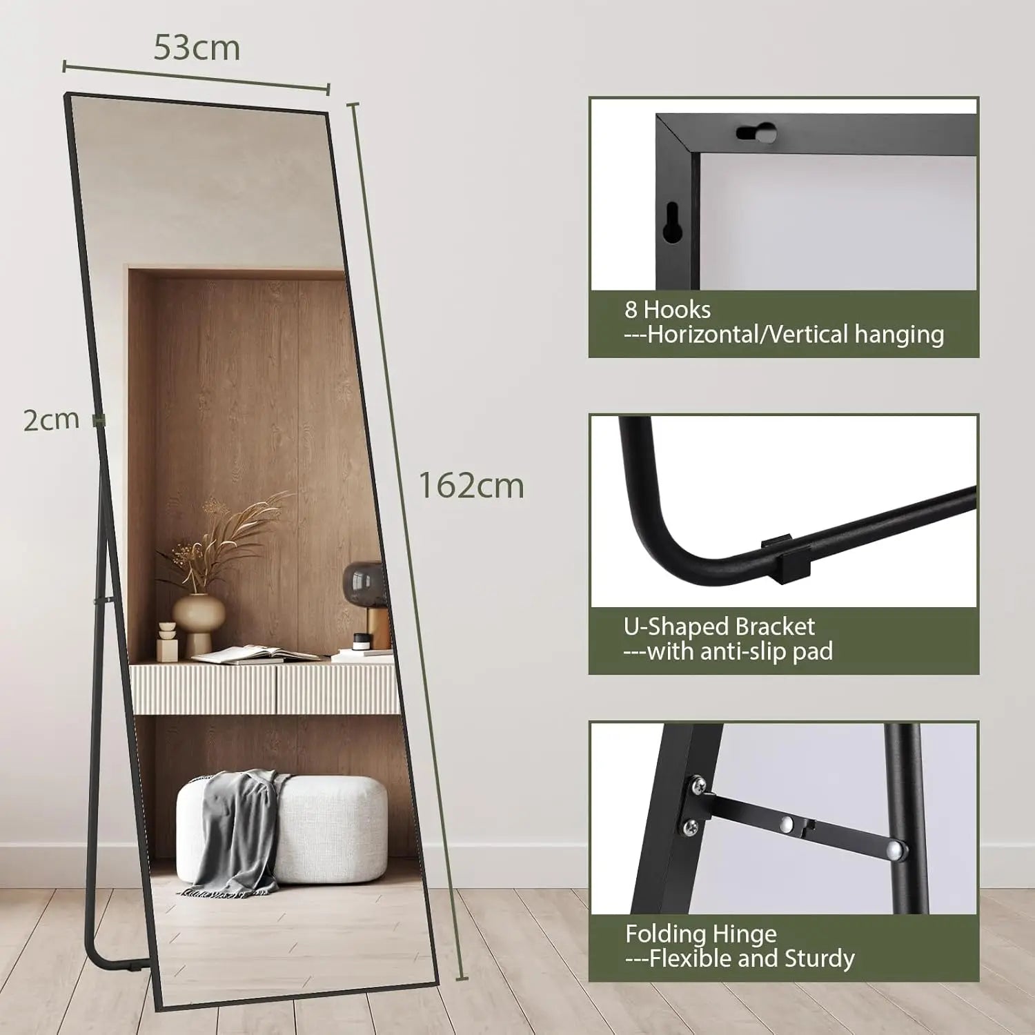 Full Length Mirror Standing Hanging or Leaning Against Wall Large Bedroom Floor Mirror Dressing, Aluminum Alloy Frame 162cm - vue 10 sur 11