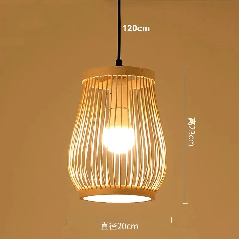 Vintage Chinese style bamboo and wood pendant LED light for bedroom, living room or dining table - vue 16 sur 19