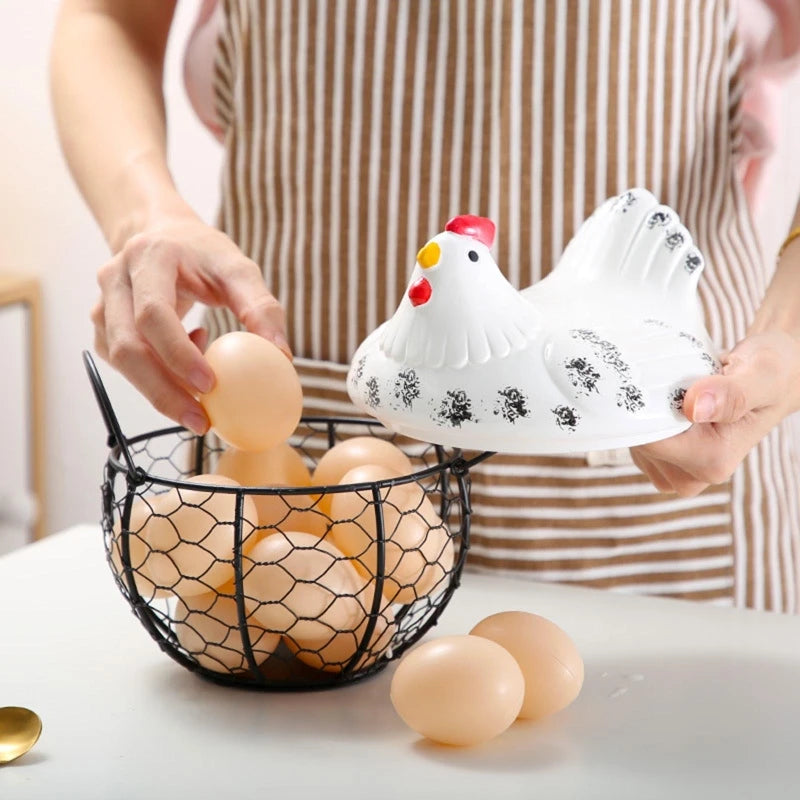 panier en céramique pour œufs et fruits avec poule décorative - vue 9 sur 8
