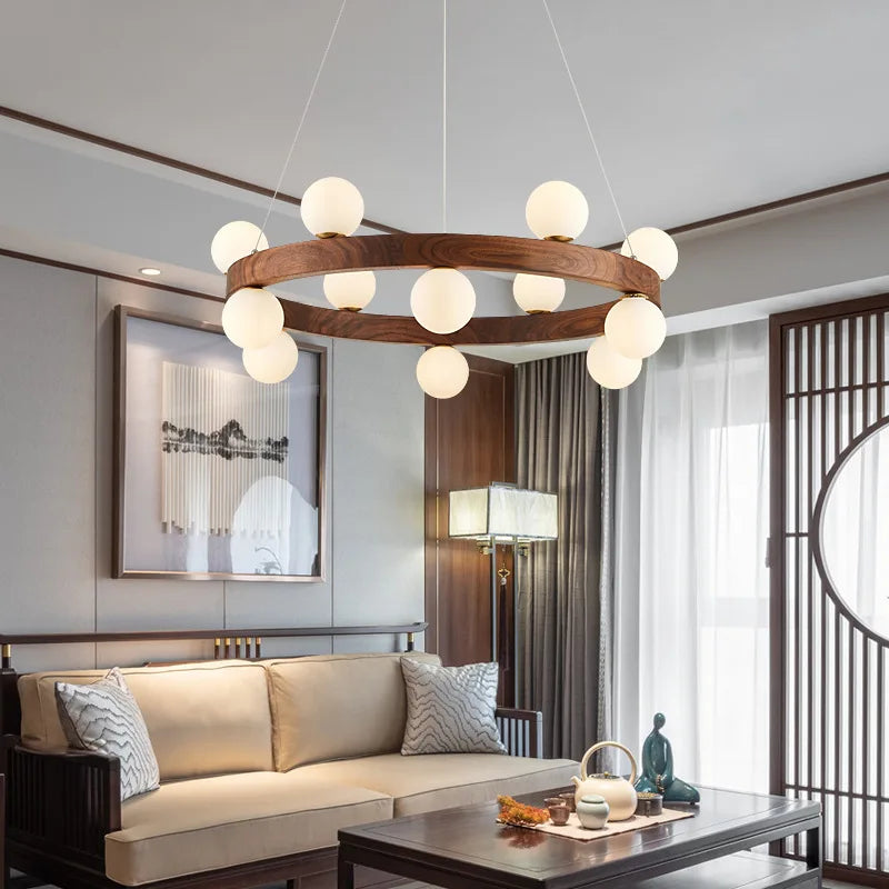 Lustre design Nordic rond en bois anneau - vue 5 sur 13