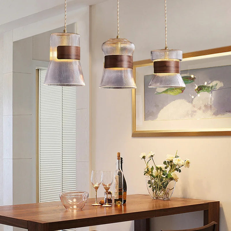 suspension moderne en verre bois et cuivre réglable - vue 5 sur 14