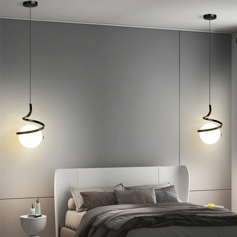 Nordique décoration de la maison spirale suspension LED haut plafond lampes suspendues pour éclairage de chevet noir blanc or verre abat-jour - vue 5 sur 9
