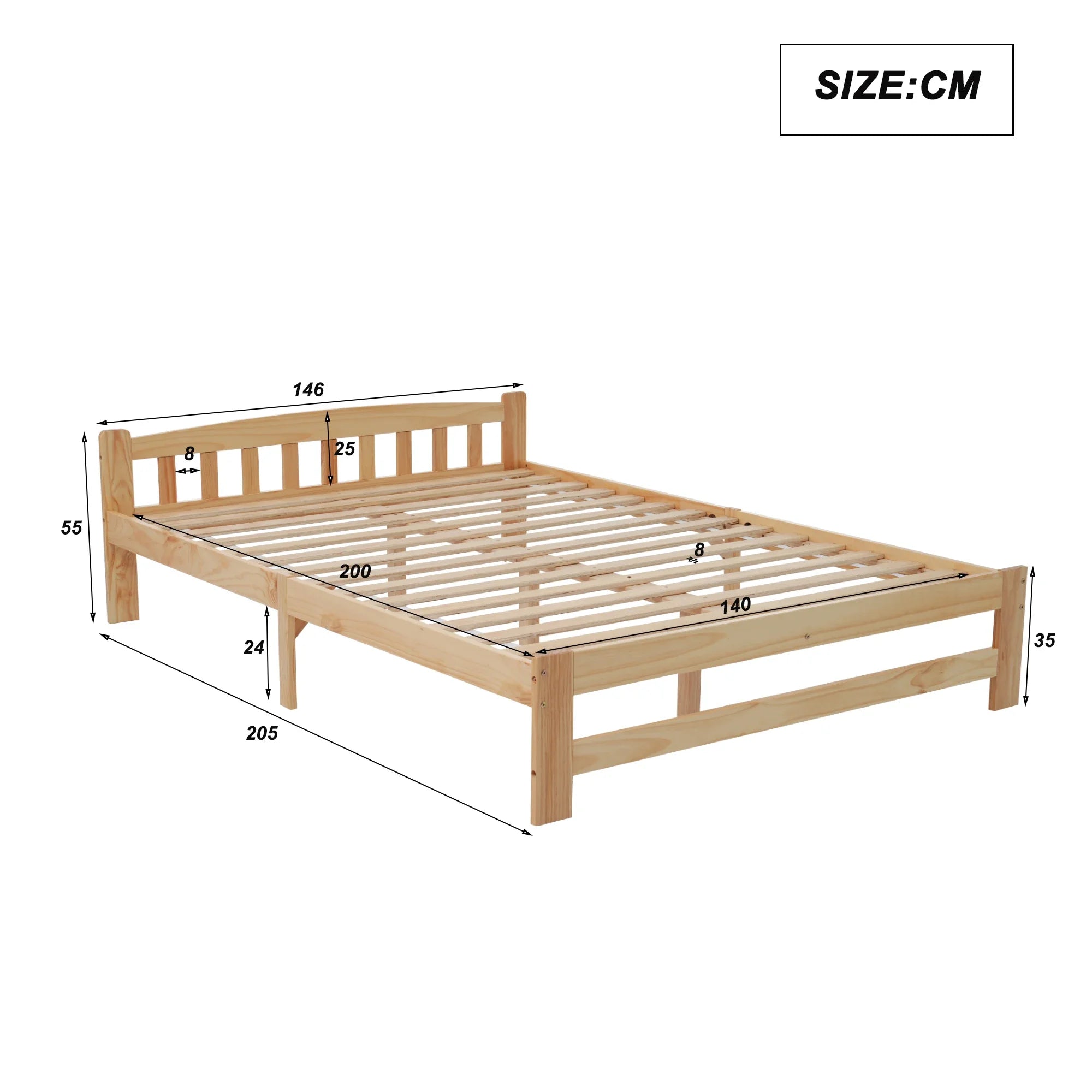 VSOGA 140/90 x 200 Cm, Solid Solid Wood Bed, Futon Bed, Double Bed, Solid Wood Natural Bed with Headboard and Slatted Frames, - vue 3 sur 7