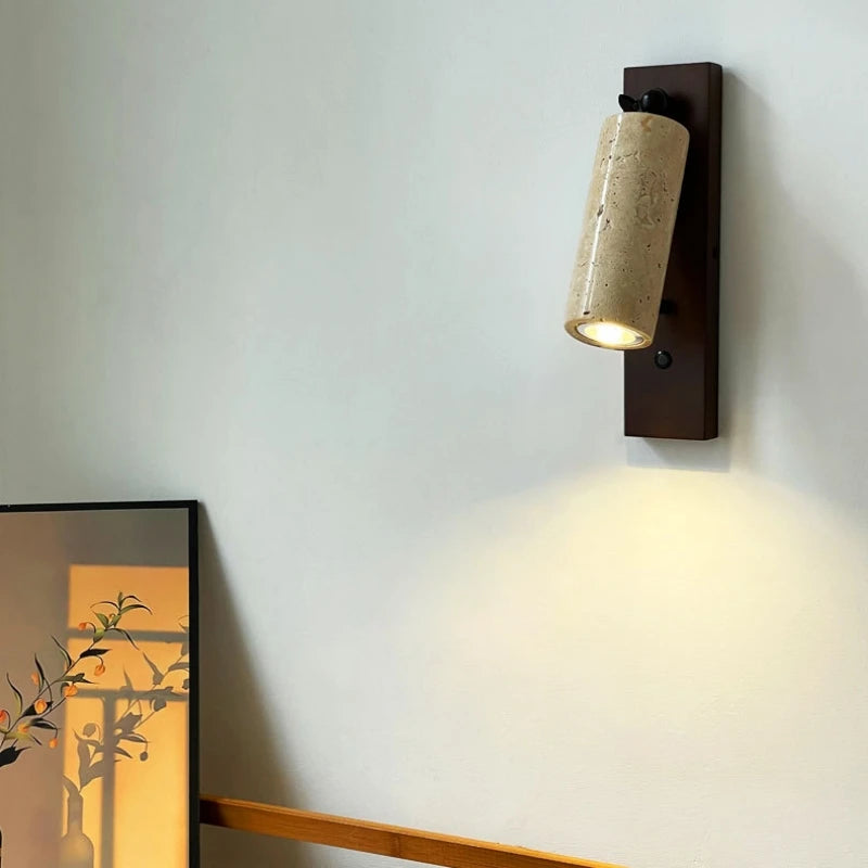 applique murale en pierre et bois avec interrupteur et ampoule ronde - vue 5 sur 10