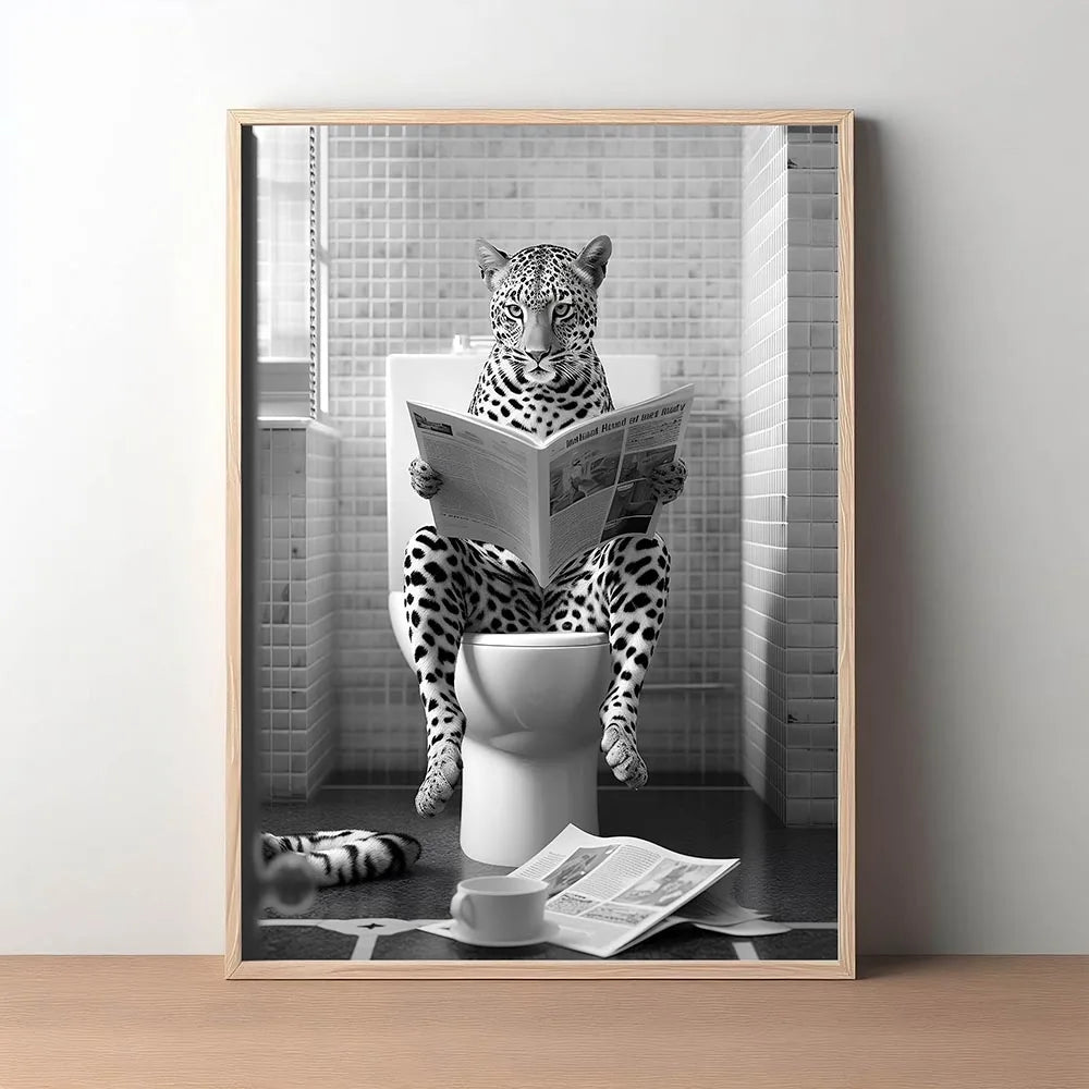 Animal On the Toilet Canvas Painting, Funny Bathroom Wall Art Pictures Prints, Black And White Animal Poster, Home Decor Murals - vue 5 sur 7