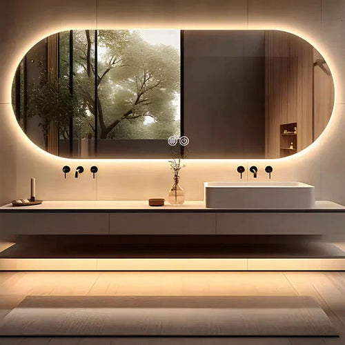 miroir intelligent elliptique lumineux anti-buée trois couleurs mural - vue 3 sur 18