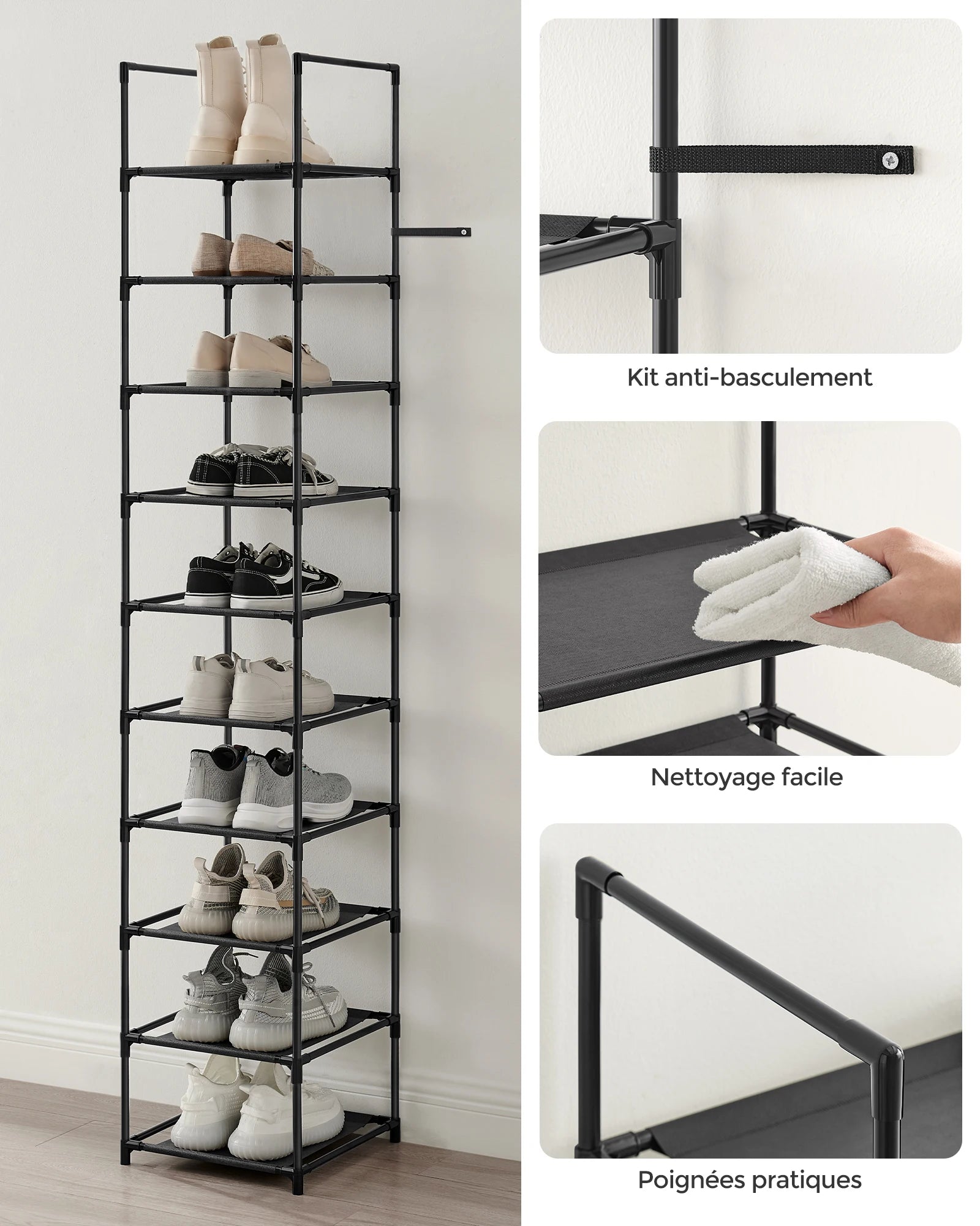 SONGMICS 10-Tier Shoe Rack, Shoe Stand, Space-Saving Shoe Storage, 33 x 33 x 173 cm, Metal Frame, Non-Woven Fabric Shelves - vue 6 sur 7