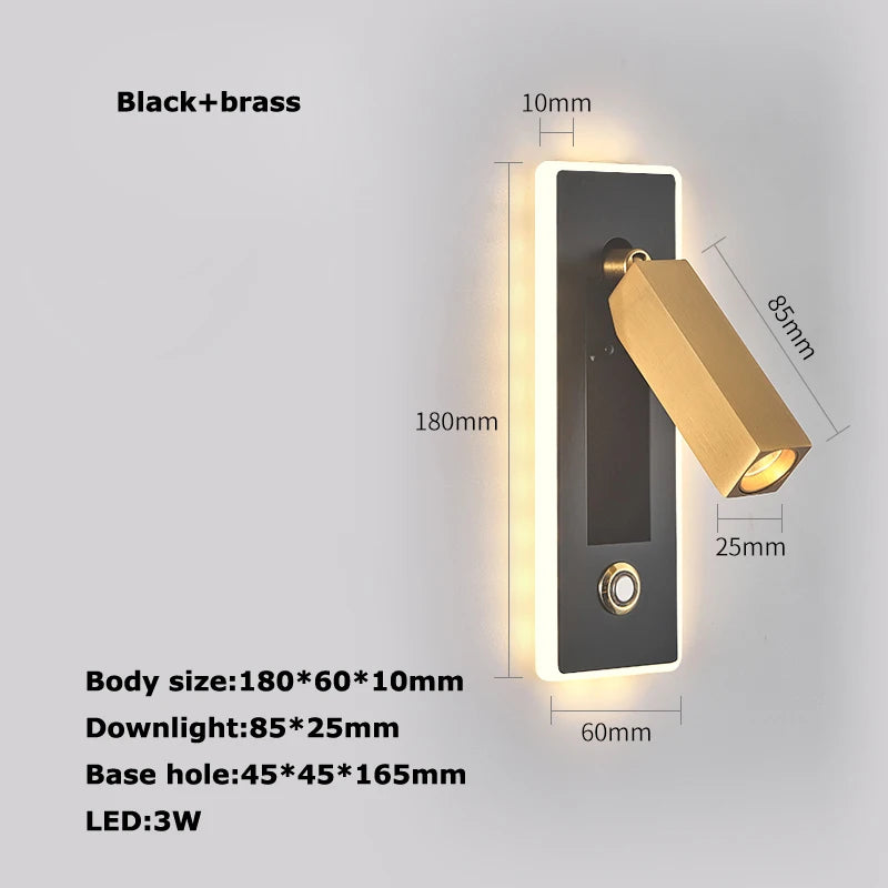 LED Brass Black Wall Lamp Wall Light Wall Sconce Wall Mounted Reading Light with Switch and USB Port, Rotatable For Bedroom - vue 10 sur 23