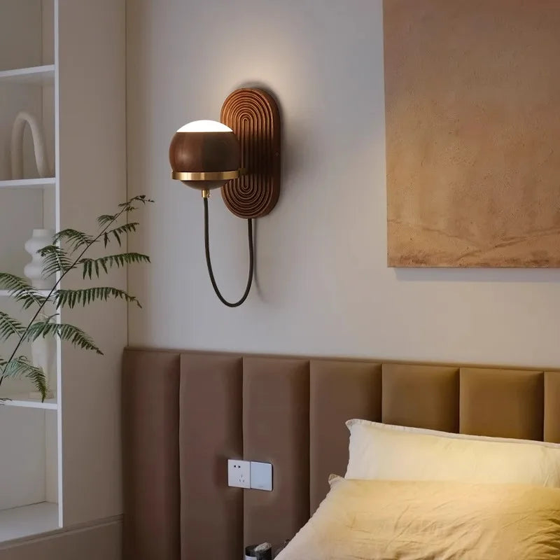 Walnut Wood Circular Sphere, Wabi-sabi minimalist Modern style, Wall Sconce light for Bedroom, Bedside, Living, Dining Room - vue 3 sur 8