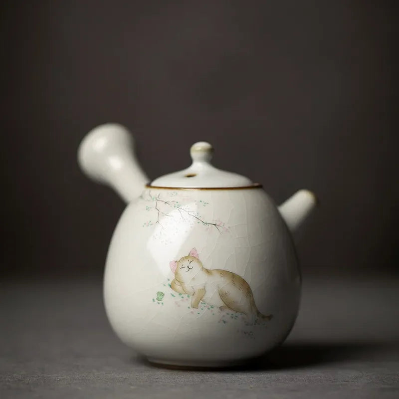 Theiere ceramique ru kiln motif chat poignee laterale