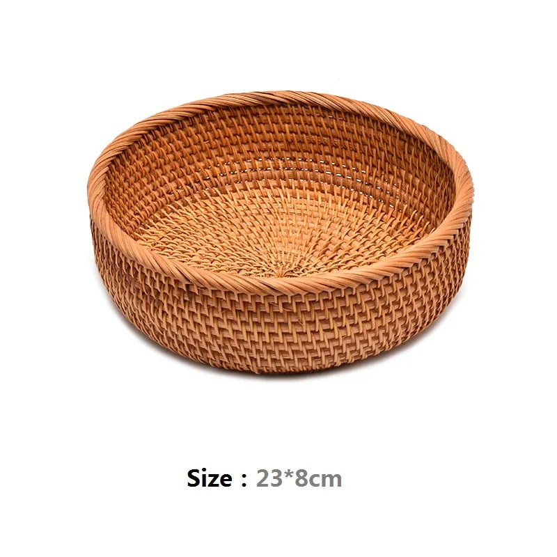 HeMu-Round Rattan Woven Basket, Wicker Fruit Basket, Bread Food, Kitchen Home Decor, Organizer Breadbasket for Kitchen - vue 10 sur 13