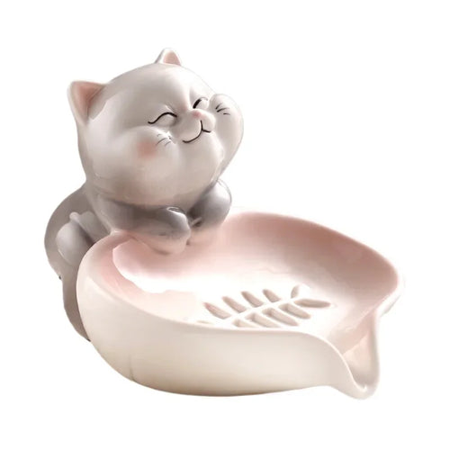 Ceramic Soap Holder for Household Desktop Decoration, Creative Cat Soap Box, Bathroom Drain, Cute Cartoon Storage Shelf - vue 7 sur 7