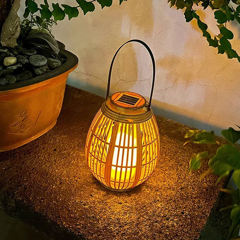 lanterne solaire en rotin pour balcon et jardin décoratif - vue 5 sur 6