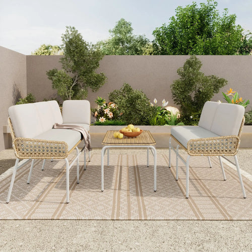 Poly rattan set, garden set, sofa lounge for 4-5 people, corner sofa, tempered glass, table & pads, apricot Gray, natural - vue 3 sur 6