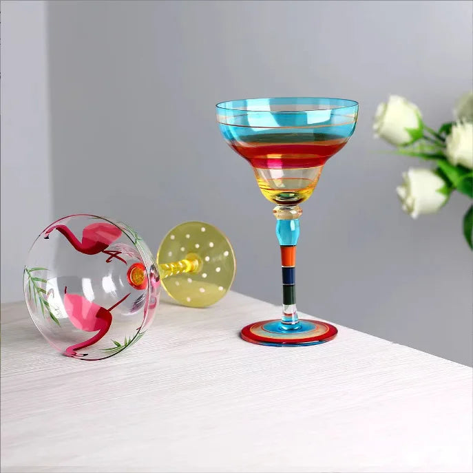 Verre cocktail margarita peint main motif flamant rayures