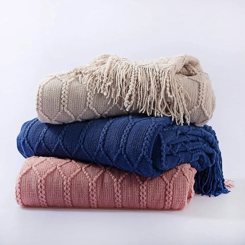 Plaid tricot acrylique doux avec pompons style carreaux