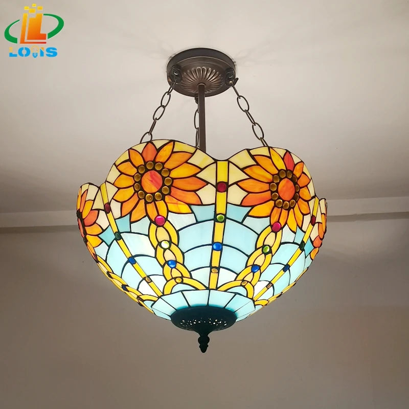 lustre inversé style tiffany en verre antique pour décoration intérieure - vue 2 sur 6