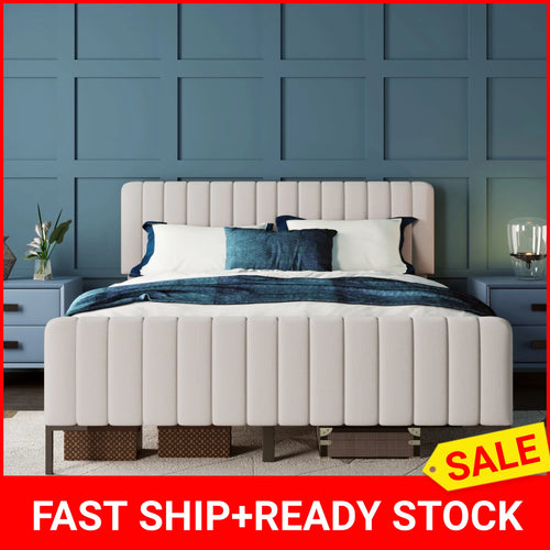 Double Bed, Beige Linen Fabric, with Adjustable Headboard and Slatted Frame, Youth Bed, for Bedroom, Guest Room, 160 x 200 cm - vue 2 sur 6