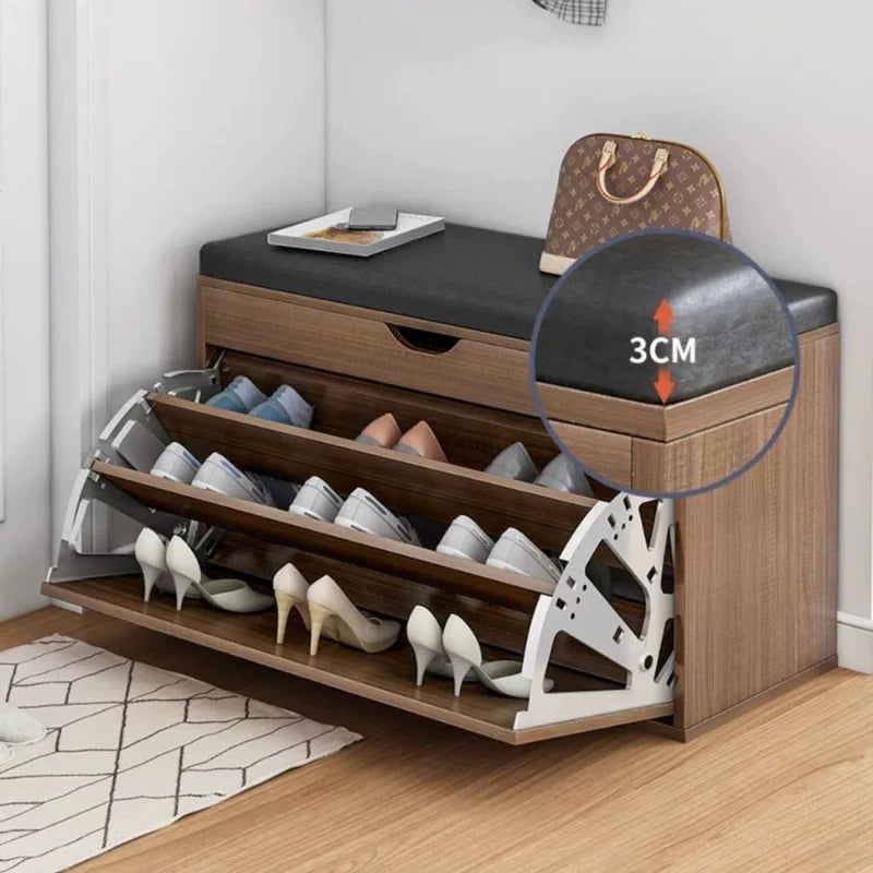 Home Shoe Cabinet with Bench, Anti-Dust Shoe Storage Bench, Multi-Layer Wooden Organizer with Cushion and Stable Structure
