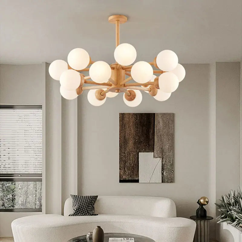 lustre en bois nordique avec boule de verre décorative - vue 5 sur 11