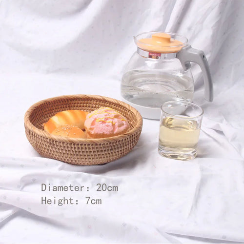HEMU-Round Rattan Woven Basket, Wicker Fruit Basket, Bread Food, Kitchen Home Decor Organizer - vue 7 sur 12