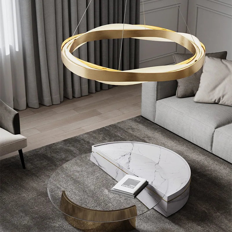 lustre moderne design anneau doré suspension nordique éclairage intérieur - vue 3 sur 11