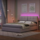 Double Bed with Storage Space,Upholstered Bed 140/160 x 200cm,Headboard with LED Lighting and USB Port,No Mattress,Velvet Beige