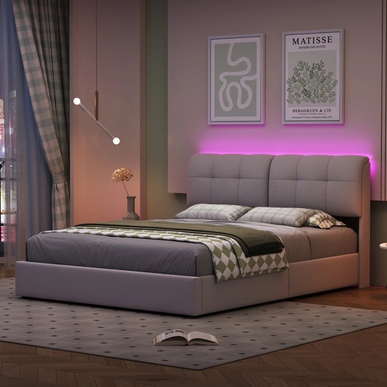 Double Bed with Storage Space,Upholstered Bed 140/160 x 200cm,Headboard with LED Lighting and USB Port,No Mattress,Velvet Beige