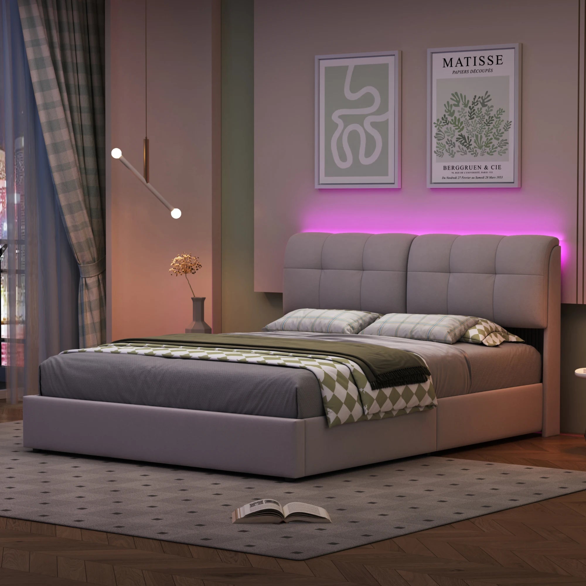 Double Bed with Storage Space,Upholstered Bed 140/160 x 200cm,Headboard with LED Lighting and USB Port,No Mattress,Velvet Beige - vue 2 sur 6