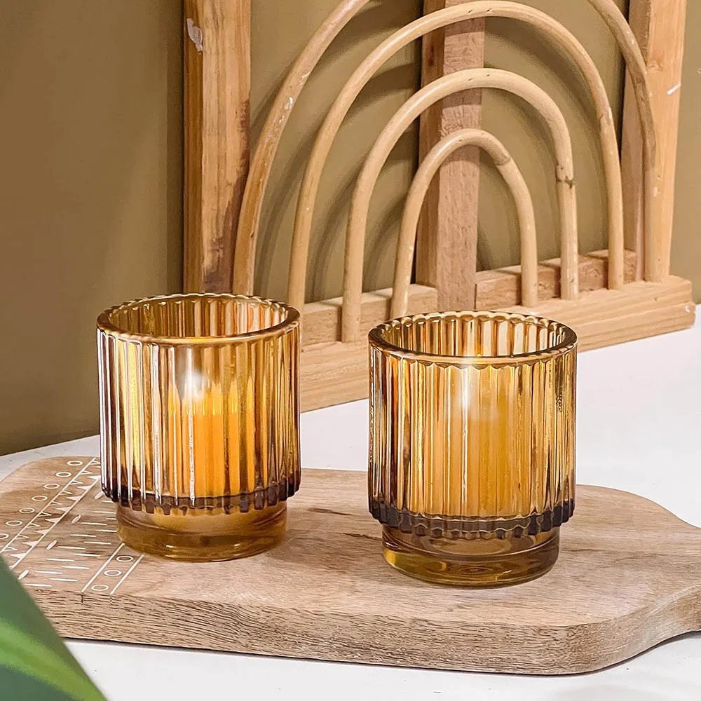 Vintage Ribbed Amber Glass Tealight &amp; Votive Candle Holders , Fall Decor, Boho Decor, Shelf Decoration