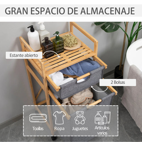 HOMCOM bamboo laundry hamper 2 removable cloth bags 42x35x84.5 cm - vue 5 sur 7