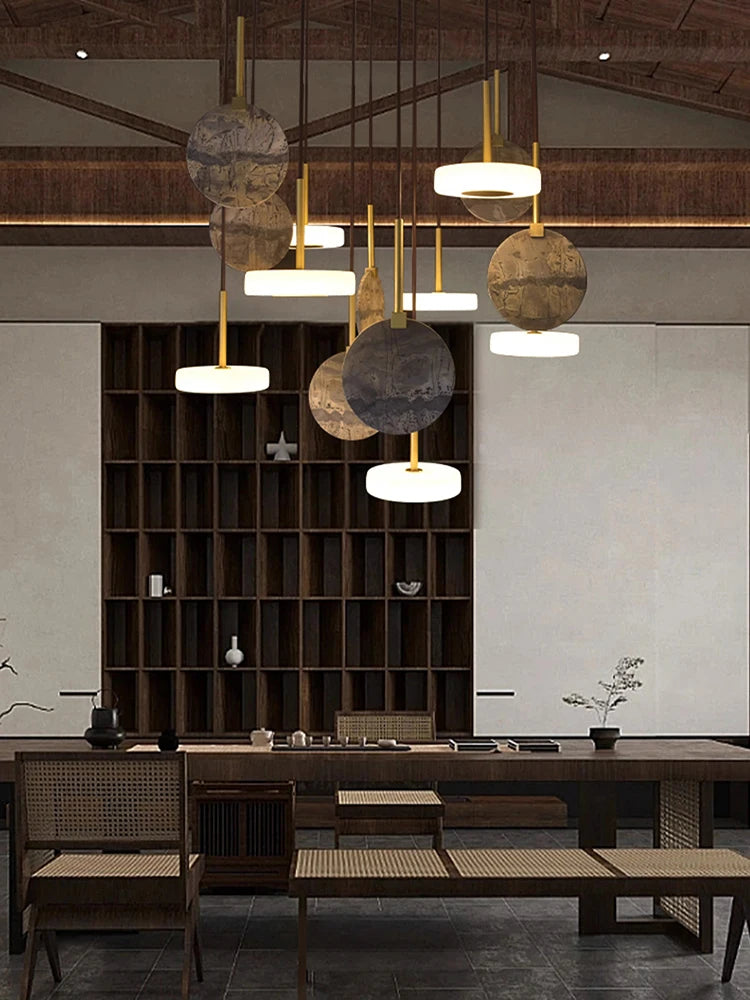 lustre en bois naturel ou marbre doré avec éclairage led - vue 3 sur 11